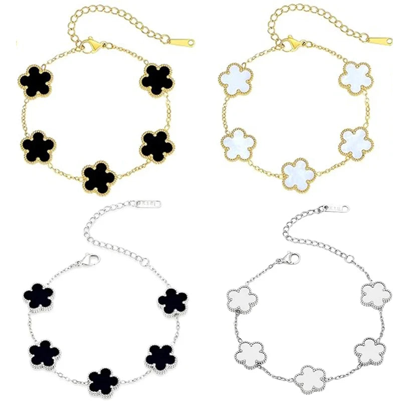 Double Sided Clover Charm Bracelet featuring gold and silver clover designs for a stylish accessory.